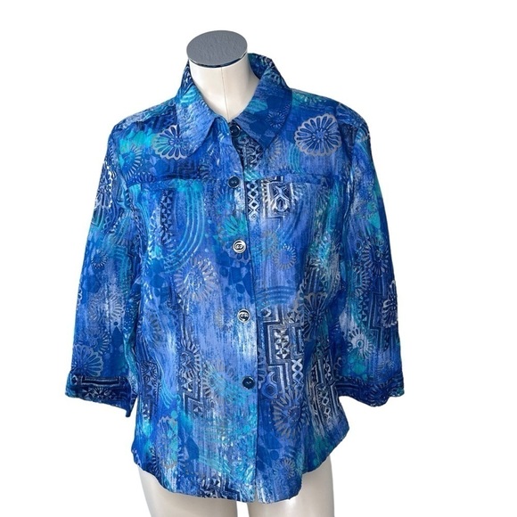 SOUTHERN LADY Aqua Blue Floral Long Sleeve Button Down Blouse Jacket Size L - Picture 1 of 16